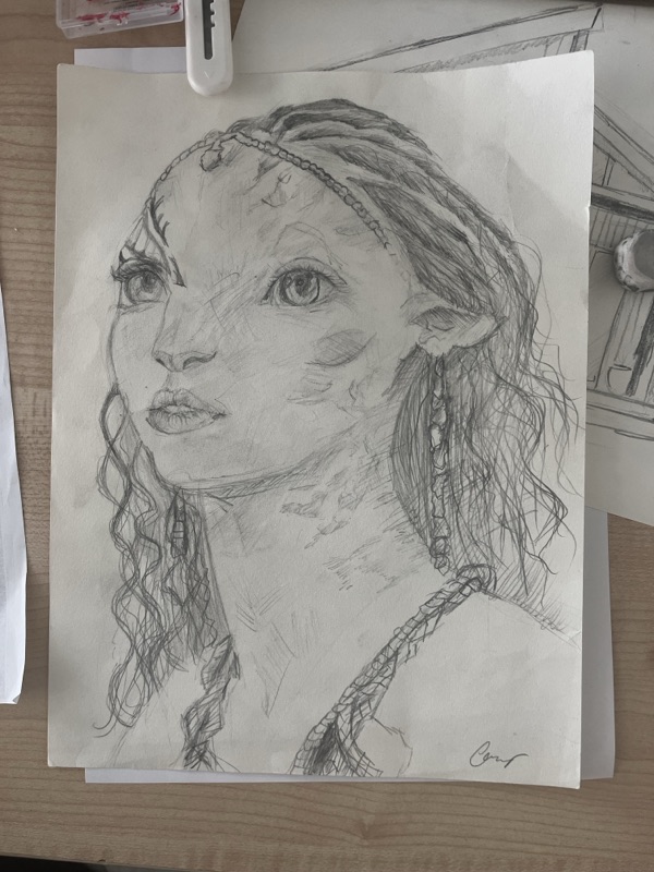 Portret dziewczyny z warkoczykami, ołówek